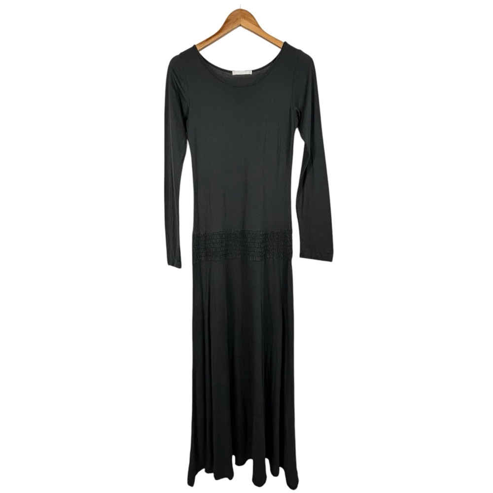 Enza Costa Dark Gray Cotton Blend T-Shirt Maxi Dress Long Sleeve Smocked Waist L